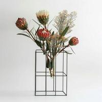 Contemporary wireframe vase displays a cluster of exotic protea flowers. photo