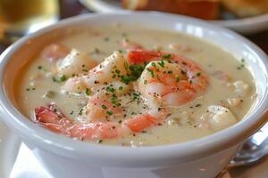 Bowl of Creamy Seafood Soup with Lobster and Shrimp photo