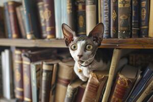 A curious Cornish Rex cat exploring a cluttered bookshelf, its slender body weaving gracefully between the rows of books photo