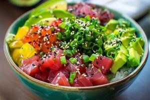 Colorful poke bowls with fresh tuna, avocado and sesame seeds photo