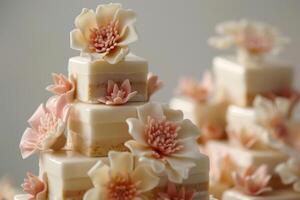 A tower of elegant and intricate petit fours with floral designs photo