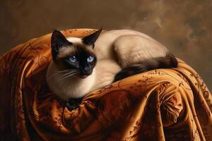 A serene Burmese cat lounging on a velvet cushion, its warm brown coat blending seamlessly with the luxurious fabric photo