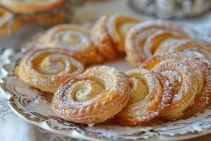 A plate of delicate and flaky palmiers dusted with powdered sugar photo