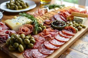 delicioso charcutería tablero con curado carnes, queso, aceitunas y galletas foto