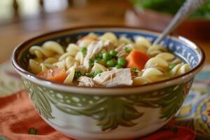 A bowl of chicken soup with vegetables and tender chicken. photo