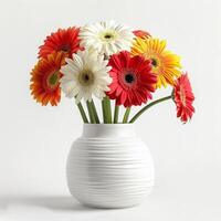 A retro-inspired ceramic vase holds a cluster of vibrant gerbera flowers. photo