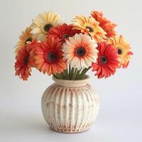 A retro-inspired ceramic vase holds a cluster of vibrant gerbera flowers. photo