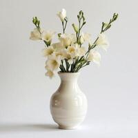 A porcelain vase holds a bouquet of fragrant freesia flowers. photo