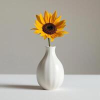 un minimalista cerámico florero sostiene un soltero girasol. foto