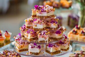A tower of elegant and intricate petit fours with floral designs photo