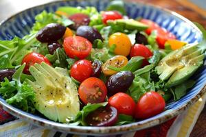 Colorful salad with fresh greens cherry tomatoes and avocado slices photo