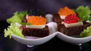 Sushi con rojo negro caviar servido en un plato remolinos en frente de el cámara de cerca un lote de dinero riqueza lujo vacaciones vida sin reglas en un multimillonario millonario comida para Rico un lote de dinero video