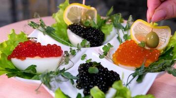 nero e rosso caviale, rendere Limone Barche su stuzzicadenti per decorazione nel un' merenda ciotola bollito uova, guarnito con prezzemolo. video