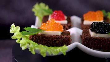 Sandwiches with red and black caviar on white and Black bread video