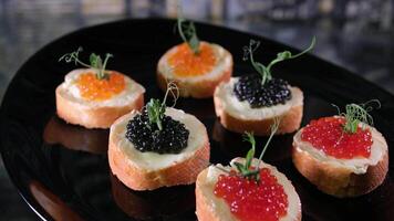 Sandwiches mit rot und schwarz Kaviar auf Weiß und Borodino Brot video