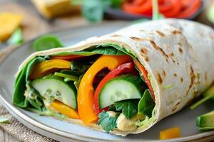 Colorful vegetable wraps stuffed with hummus, spinach, bell pepper, cucumber and sliced avocado. photo