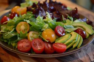 vistoso ensalada con Fresco verduras Cereza Tomates y aguacate rebanadas foto