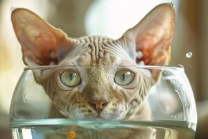 A curious Devon Rex cat peering into a fishbowl, its large ears twitching with excitement at the sight of the fish inside photo