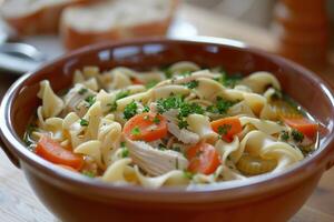 A bowl of chicken soup with vegetables and tender chicken. photo