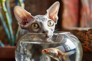 un curioso devon rex gato mirando dentro un pecera, sus grande orejas espasmos con emoción a el visión de el pescado dentro foto