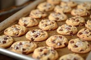 Tray of freshly baked chocolate chip cookies photo