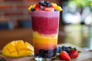 A colorful rainbow smoothie with layers of blended fruit. photo
