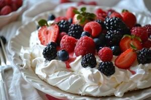 Pavlova with whipped cream and fresh berries photo