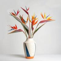 Contemporary ceramic vase shows a group of birds of paradise in bloom. photo