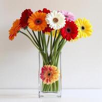 An elegant glass vase with clusters of lively Gerbera flowers. photo