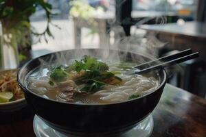 Pho with fragrant broth, rice noodles and tender beef pieces photo