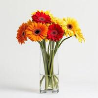 An elegant glass vase with clusters of lively Gerbera flowers. photo