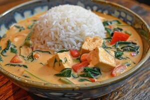Coconut curry bowl with tofu, vegetables and jasmine rice photo