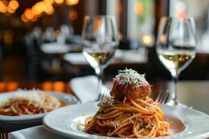 Spaghetti topped with rich tomato sauce and meatballs photo
