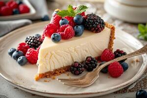 Delicious cheesecake slices with a graham cracker crust and fresh berries on top. photo