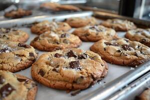 Tray of freshly baked chocolate chip cookies photo