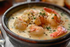 cuenco de cremoso Mariscos sopa con langosta y camarón foto