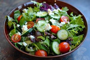 A colorful salad full of leafy greens. Cherry tomatoes, cucumber and crumbled feta cheese photo