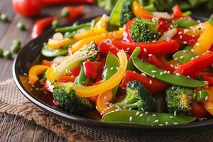 un plato de vistoso salteado vegetales foto