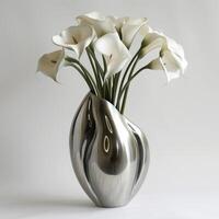 Stylish metal vase holding a bouquet of lilies. photo