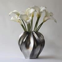 Stylish metal vase holding a bouquet of lilies. photo
