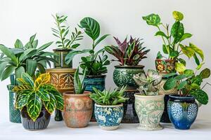 Ceramic pots filled with colorful house plants. photo