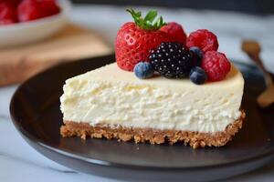Delicious cheesecake slices with a graham cracker crust and fresh berries on top. photo