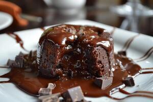 Lava cake drenched in chocolate sauce photo