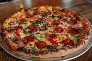 Pizza with melted cheese Pepperoni slices, bell peppers and mushrooms photo