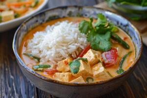 Coco curry cuenco con tofu, vegetales y jazmín arroz foto