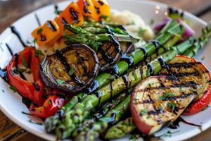 Grilled vegetables include asparagus, eggplant, and bell peppers, topped with a balsamic glaze. photo