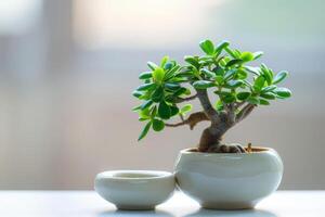 A miniature jade plant elegantly positioned in a ceramic pot on a white background. photo