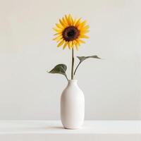 un minimalista cerámico florero sostiene un soltero girasol. foto