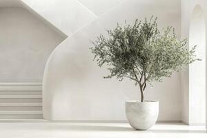 Carved olive trees displayed in stylish marble pots photo