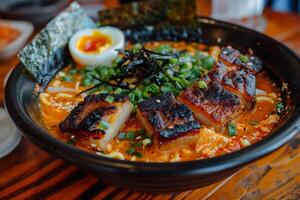 Spicy ramen with tender pork belly Soft Boiled Eggs and Nori photo